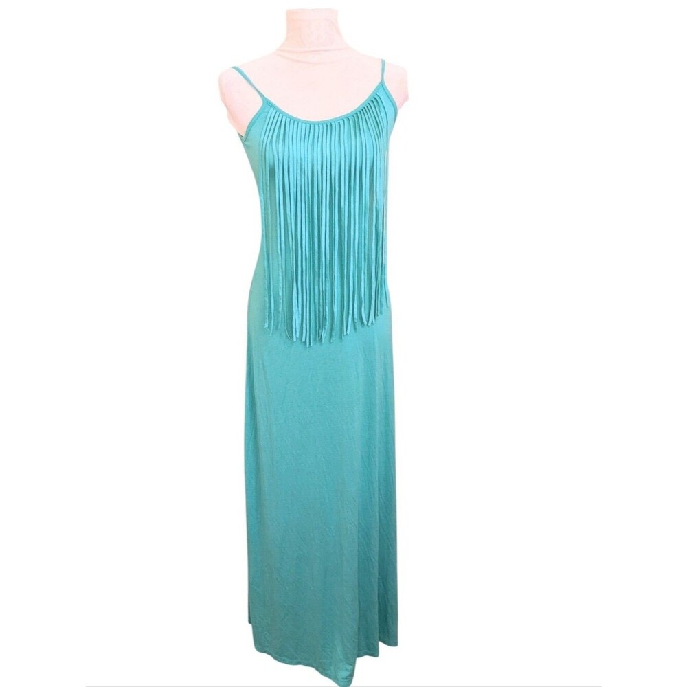 Boho Fringe Maxi Slip Dress Western Festival Indie Fitted Stretchy Teal Size Med